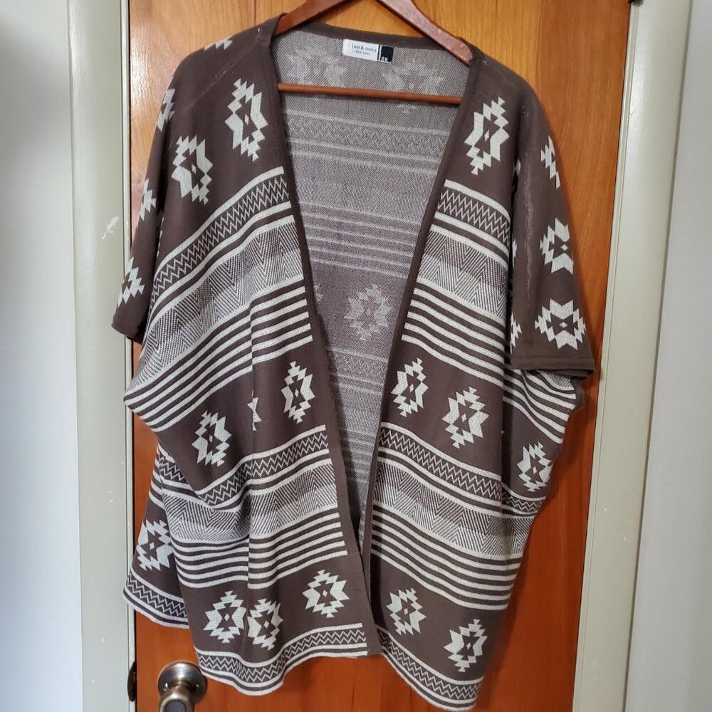 Jon & Anna New York Southwestern Aztec Brown and Cream Shawl Cardigan Sweater 2X